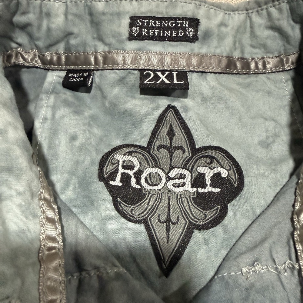 Roar Embroidered Cross Grunge Y2k Button Up Shirt Mens 2XL Distressed Western - Picture 3 of 10